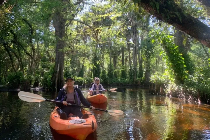 a group of people in a boat on a river
