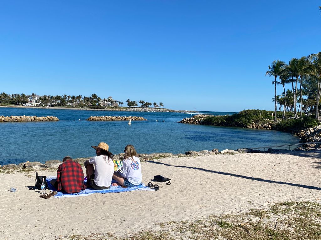 a group of people on a beach near a body of water