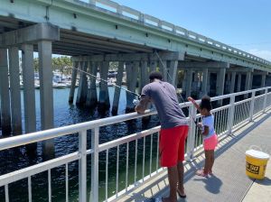 a group of people standing on a bridge