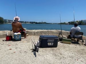 a group of people sitting at a beach
