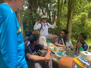 Group of tourists engaged in themselves.