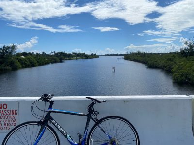 a bicycle is parked next to a body of water