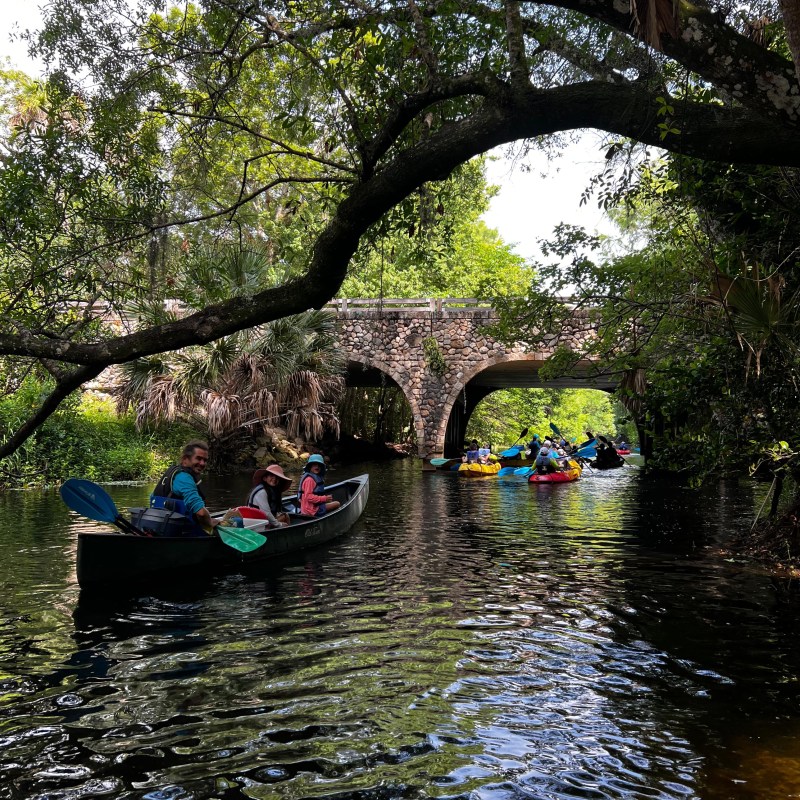 Kayakers under a stone bridge surrounded by lush trees.