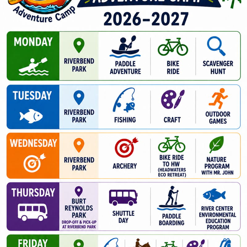 Weekly schedule for Jupiter Outdoor Center 2026-2027 Adventure Camp.